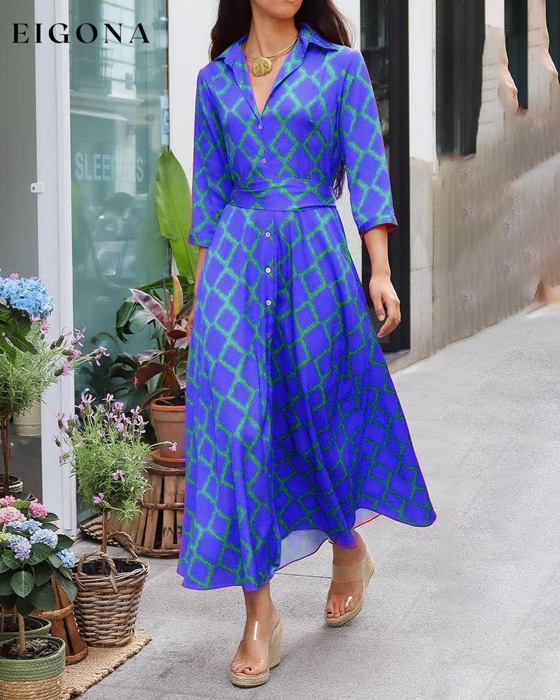 V-neck 3/4 sleeves Shirt Dress Blue 23BF Casual Dresses Clothes Dresses Spring Summer