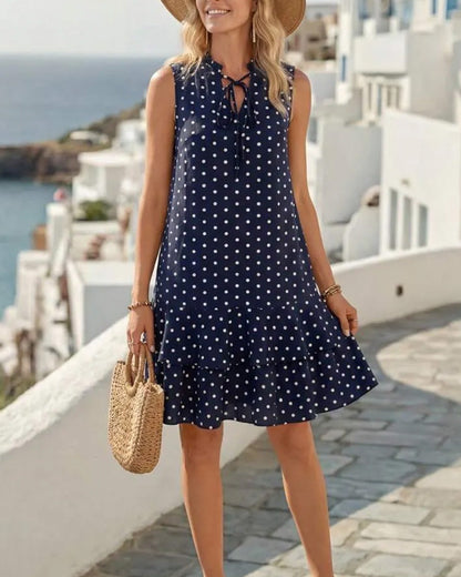 Polka Dot Tie Sleeveless Ruffle Dress