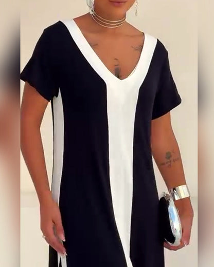 Temperamentvolles Kleid mit V-Ausschnitt und Kontrastfarbe