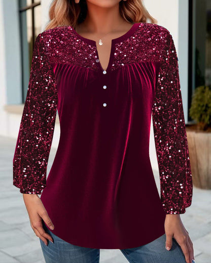 V-neck pleated sequined elegant top 2024 f/w blouses & shirts christmas