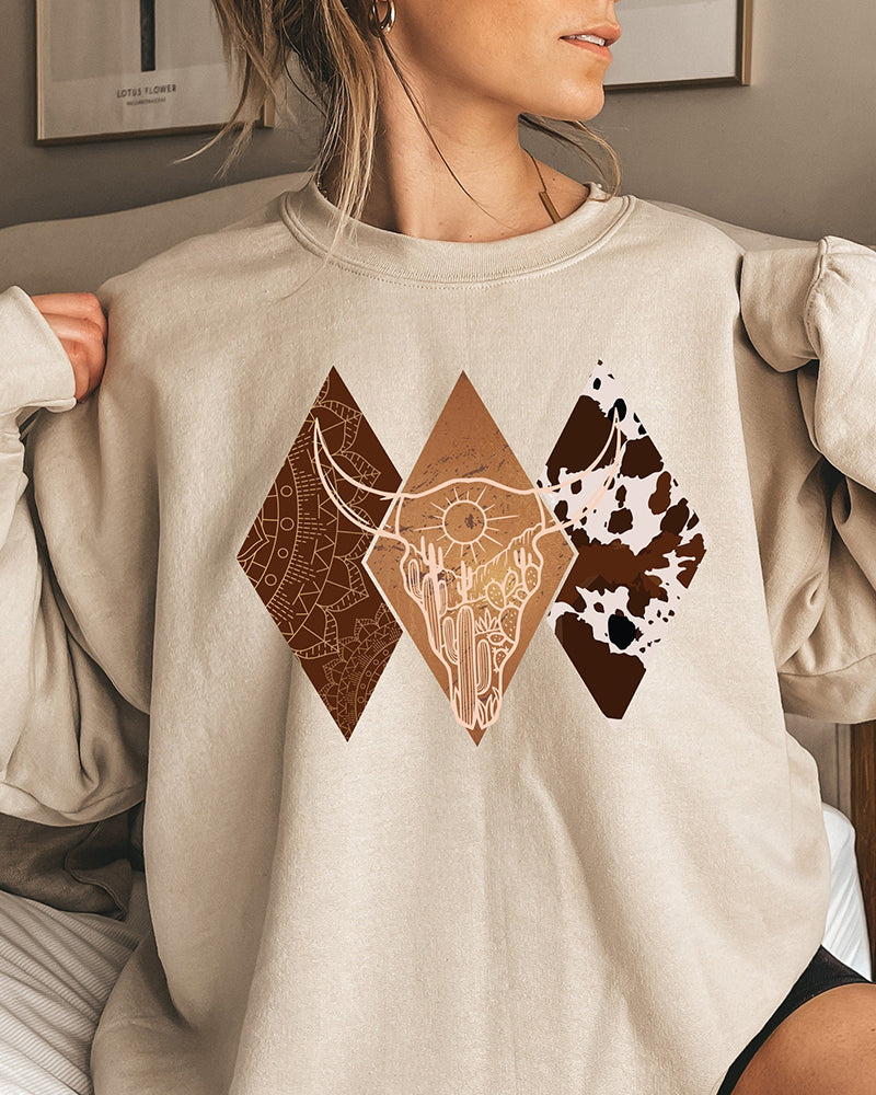 Women's Cowskull Print Crewneck Sweatshirt 2024 f/w sweatshirts western style