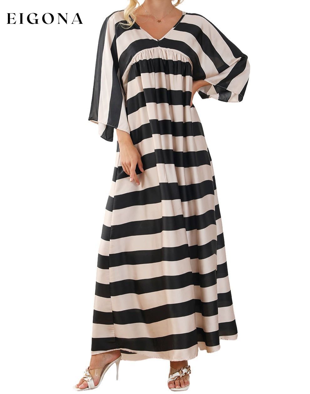 Black V Neck Kimono Sleeve Striped Maxi Dress All In Stock clothes Occasion Daily Print Color Block Season Spring Silhouette A-Line Style Casual