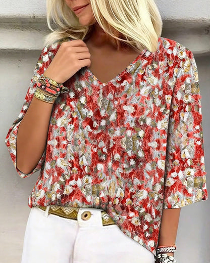 Floral Print V-Neck Three-Quarter Sleeve Blouse
