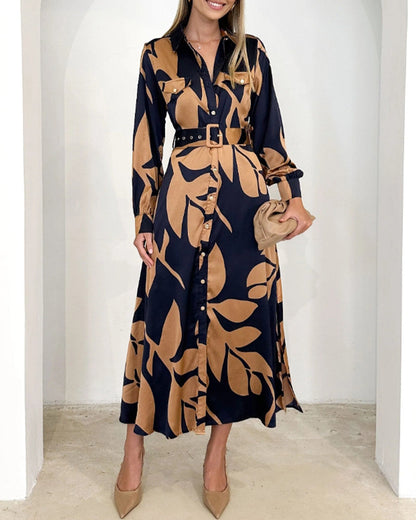 Elegant leaf print long sleeve lapel dress 2023 f/w casual dresses spring