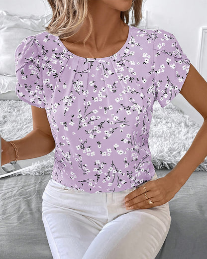 Floral Round Neck Short Sleeve Blouses