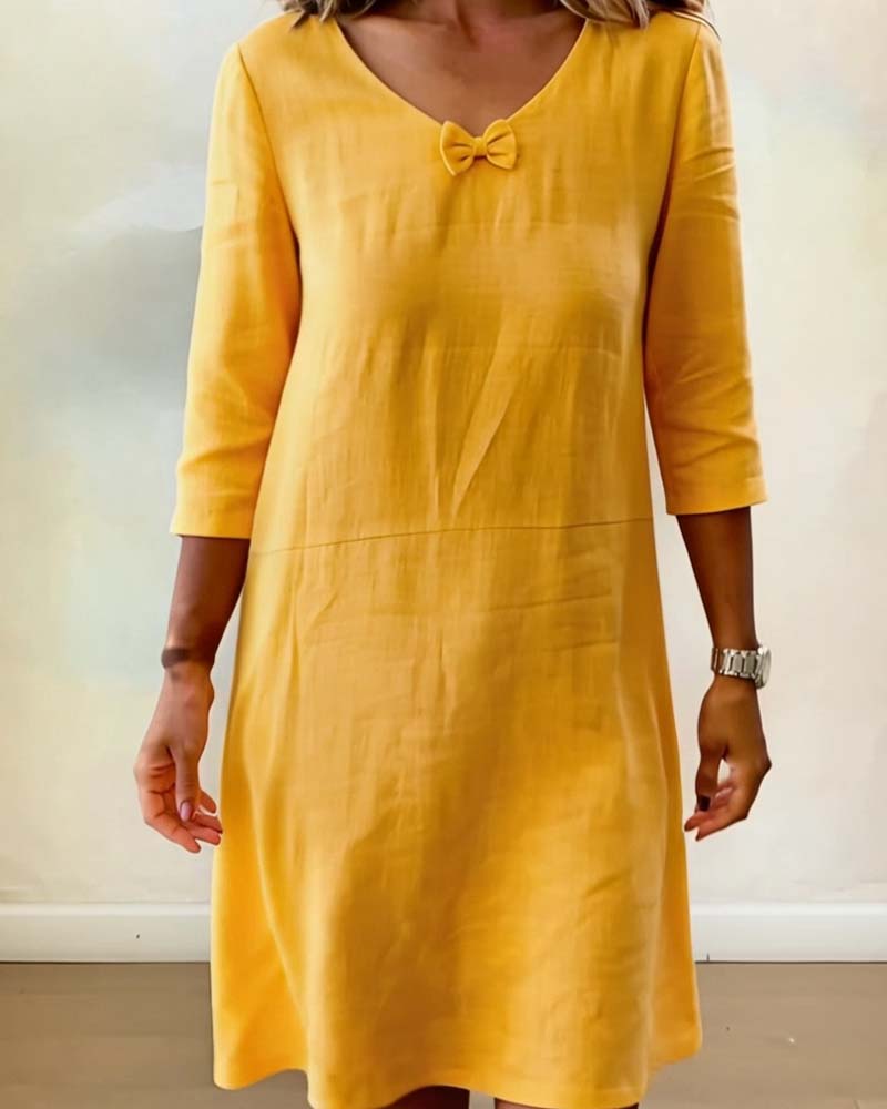 Bow V-Neck Linen Dress