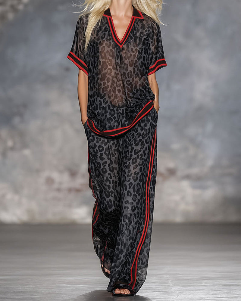 Leopard Pattern Thin Athletic Two-Piece Set