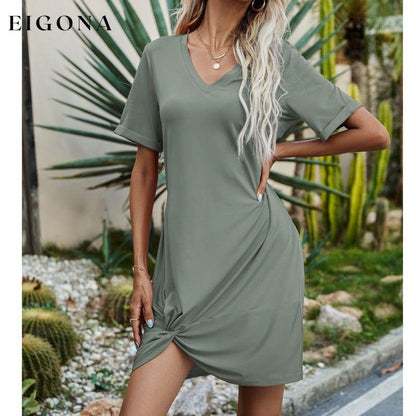 Twisted V-Neck Short Sleeve Dress Sage clothes dress dresses mini dress Romantichut Ship From Overseas Shipping Delay 09/29/2023 - 10/04/2023 short dress