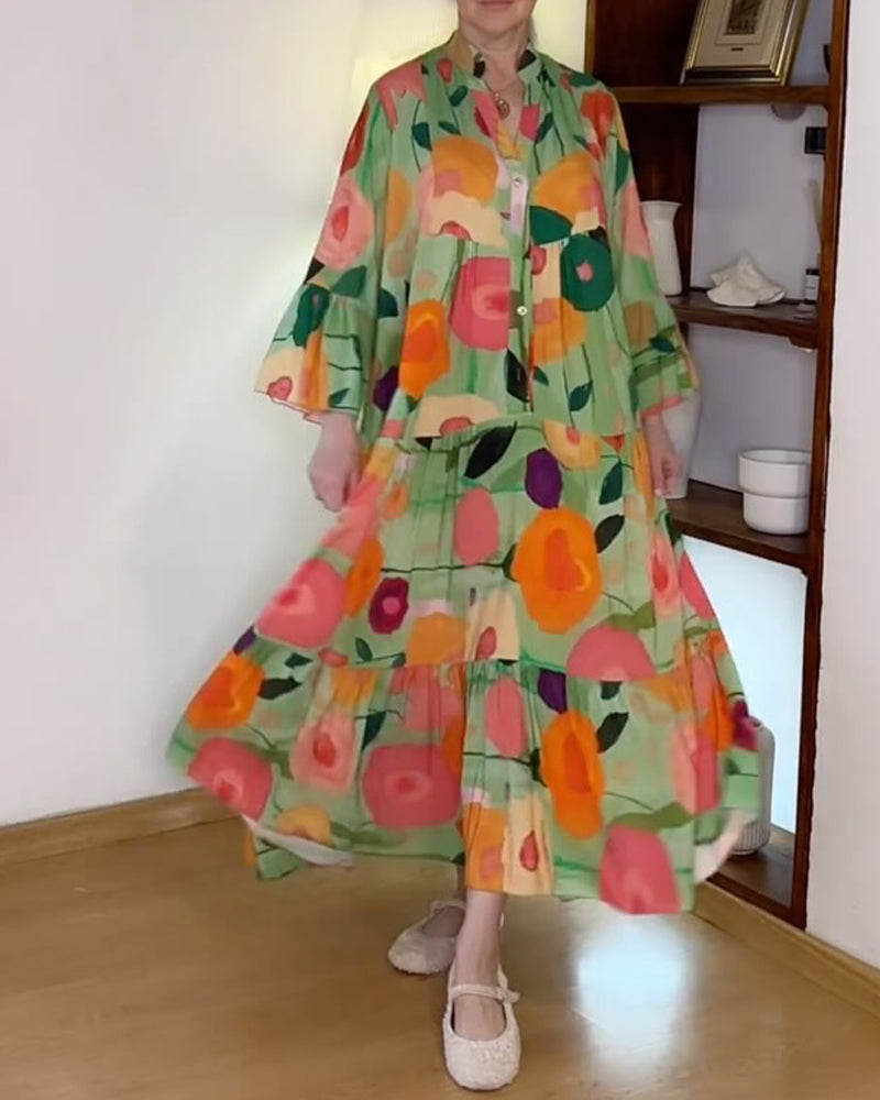 Colorful floral print bell sleeve patchwork dress casual dresses spring summer vacation dresses