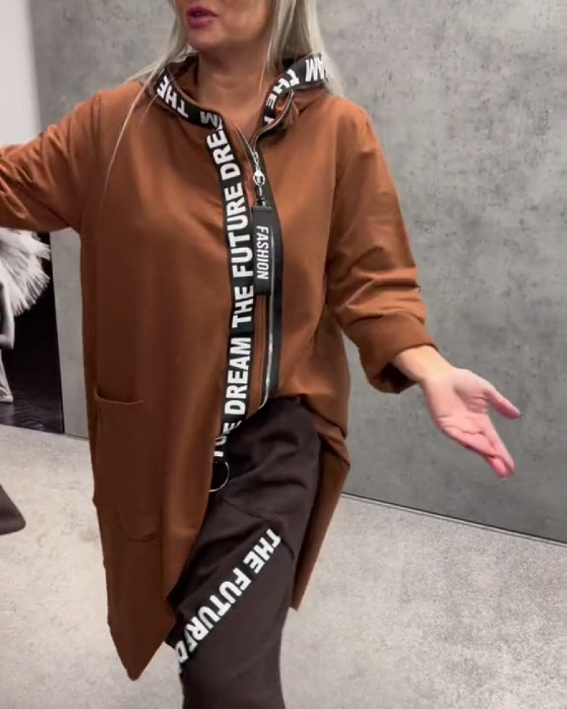 Hooded Web Contrast Zip-Up Coat