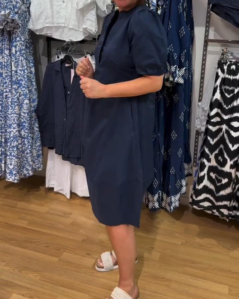 Puff Sleeve Solid Color Loose Dress