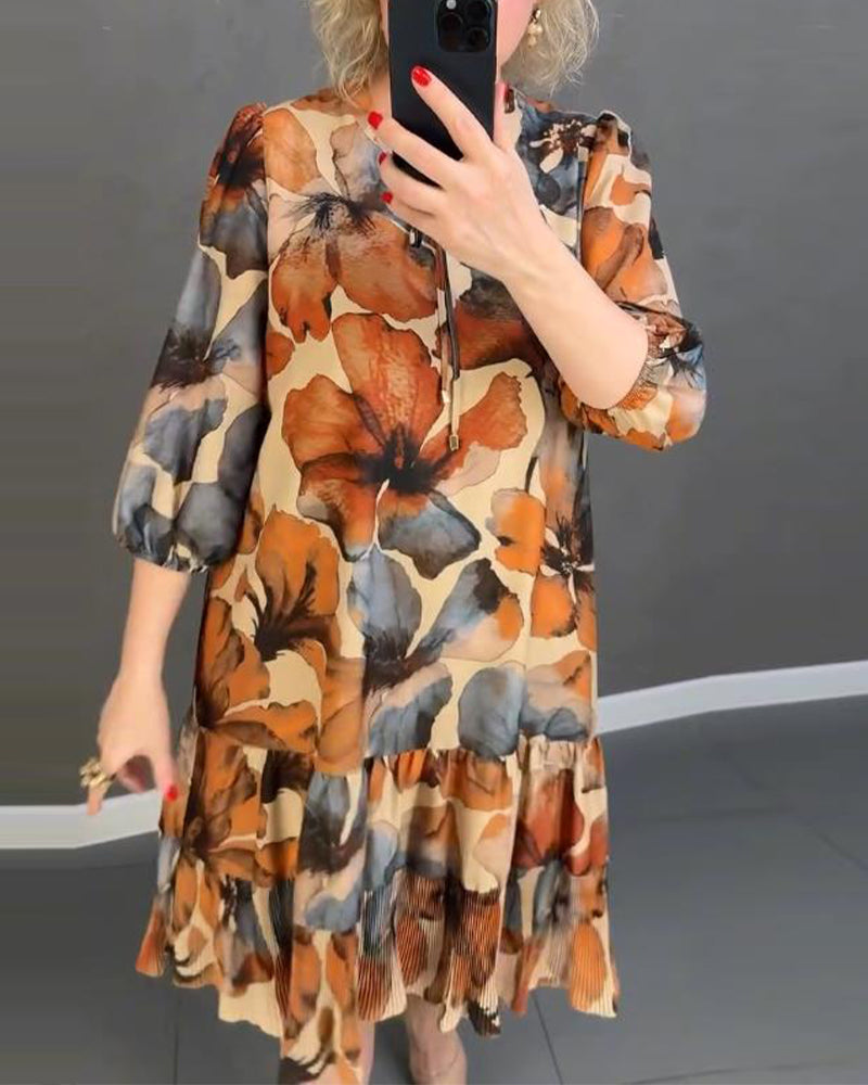 Vintage Floral Print Ruffle Dress