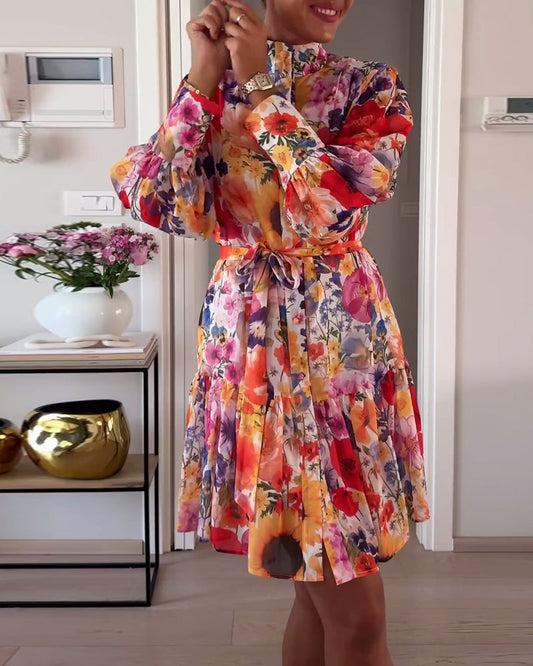 Fashionable colorful floral print long sleeve dress 202466 casual dresses spring summer