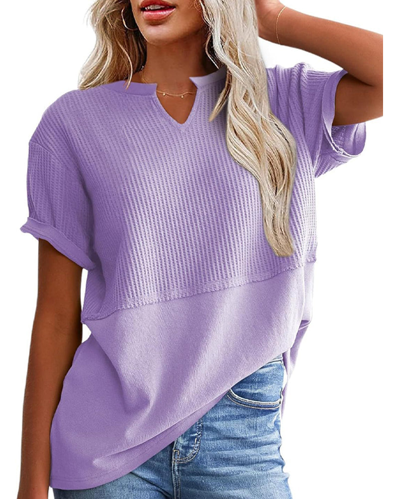 Cinched Waist Patchwork V-Neck Pullover T-Shirt