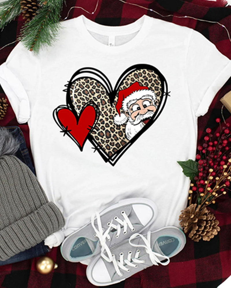 Santa Claus leopard and heart print short-sleeved T-shirt 2024 f/w christmas spring summer t-shirts