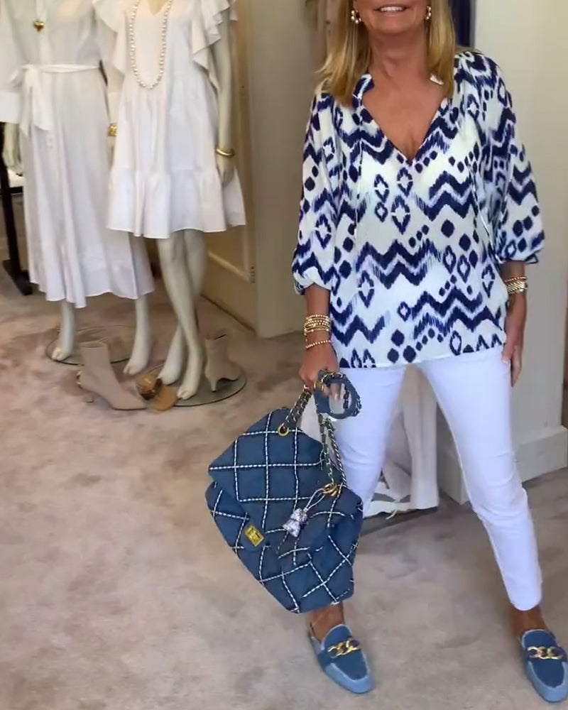 Fashion Lace-Up Lantern Sleeve Printed Blouse