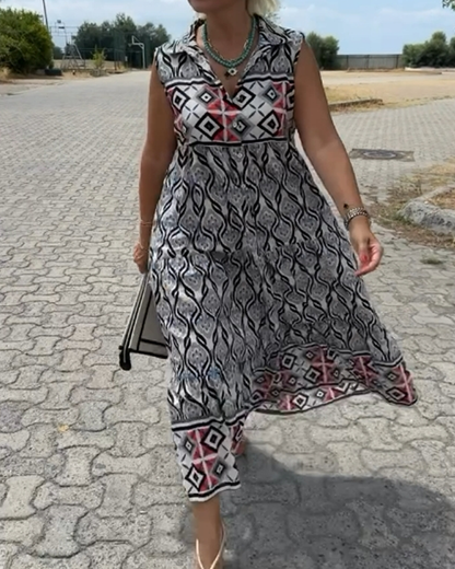 Sleeveless Lapel Printed Dress