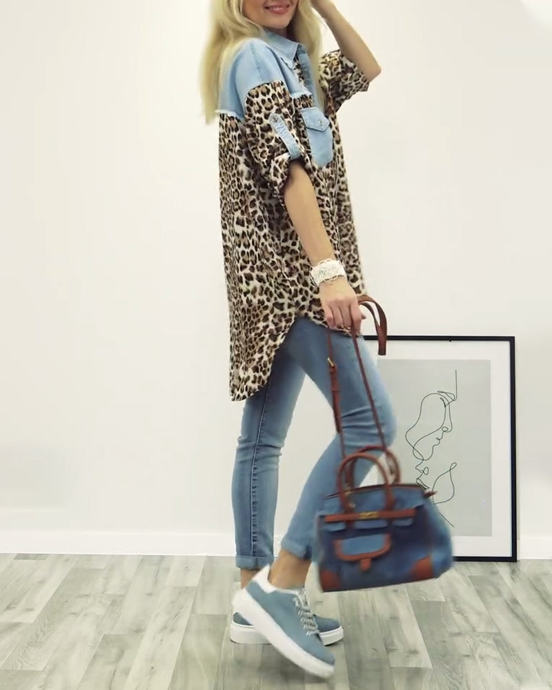 Casual leopard print denim patchwork shirt 2024 f/w blouses & shirts spring