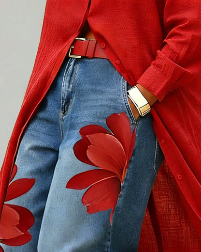 Red Floral Print Cropped Wide Leg Jeans