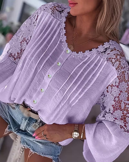 Fashion Hollow Out Lace Patchwork Blouse