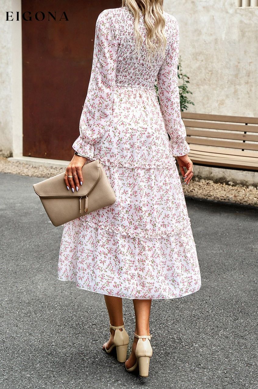 Smocked Flounce Sleeve Midi Dress clothes DY Ship From Overseas trendsi