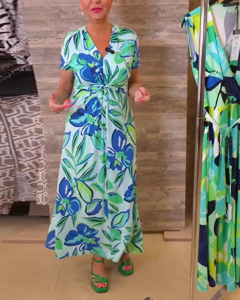 V-Neck Twist Floral Print Short-Sleeved Maxi Dress