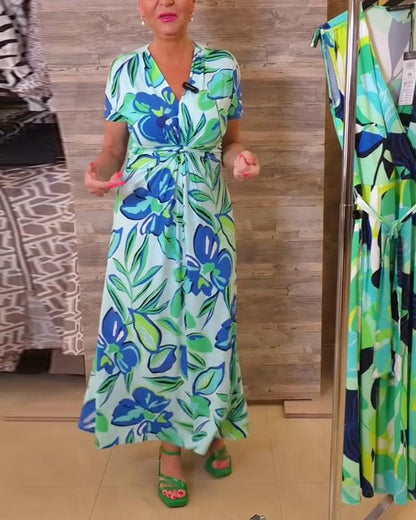 V-Neck Twist Floral Print Short-Sleeved Maxi Dress