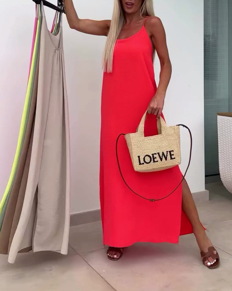 Ärmelloses, trägerloses, einfarbiges Kleid mit Schlitz