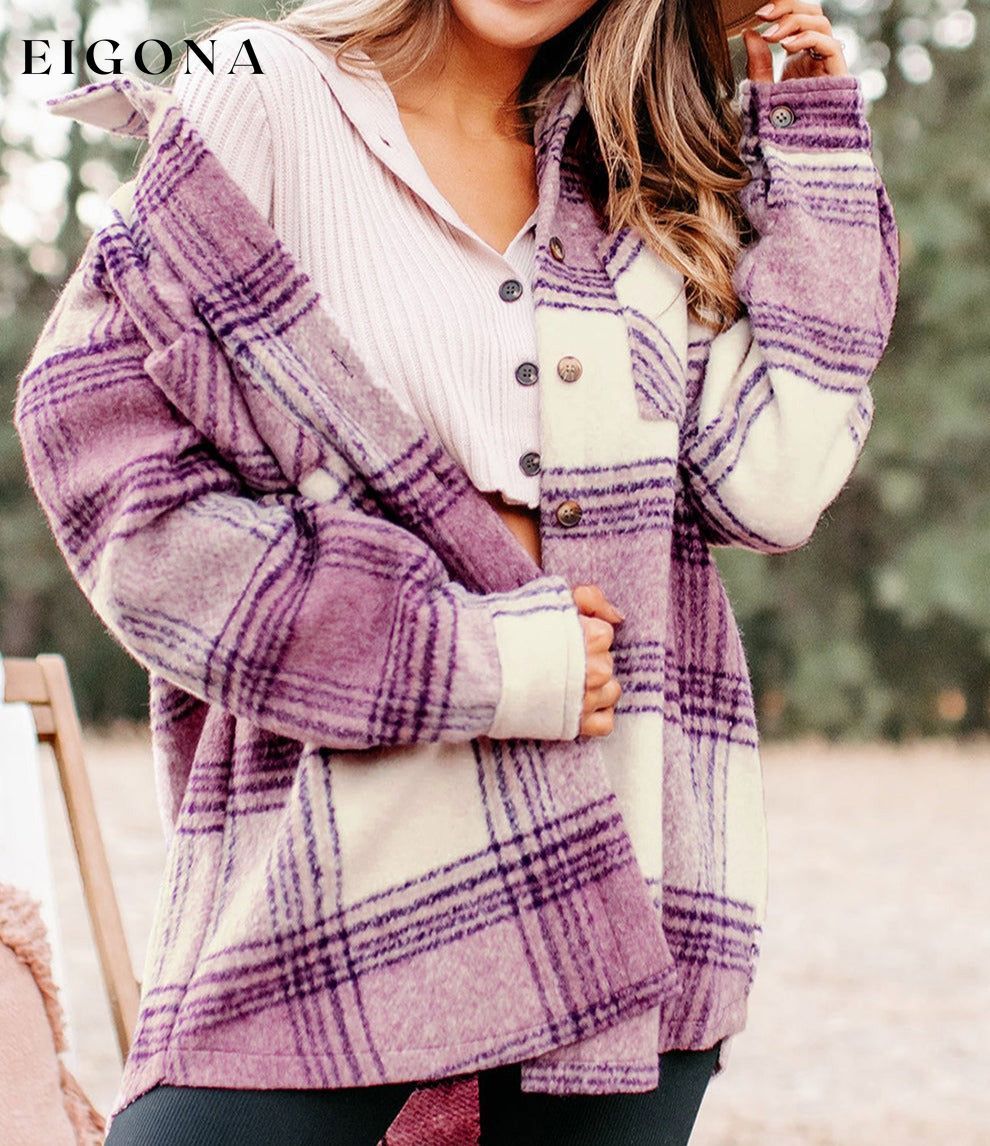 Plaid Double Chest Pockets Fleece Shacket All In Stock Category Shacket clothes Color Purple EDM Monthly Recomend Hot picks Occasion Daily Print Plaid Season Winter Style Southern Belle