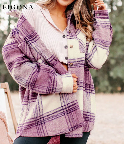 Plaid Double Chest Pockets Fleece Shacket All In Stock Category Shacket clothes Color Purple EDM Monthly Recomend Hot picks Occasion Daily Print Plaid Season Winter Style Southern Belle