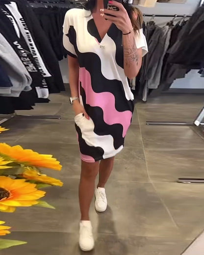 V-Neck Wave Print Dress