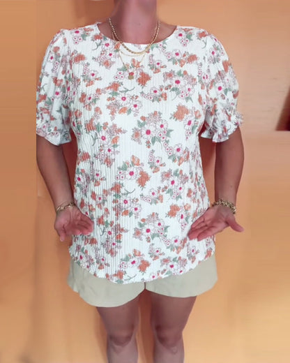 Round Neck Floral Short Sleeve Blouse