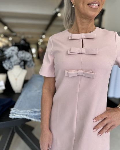 Round Neck Elegant Bow Solid Color Dress