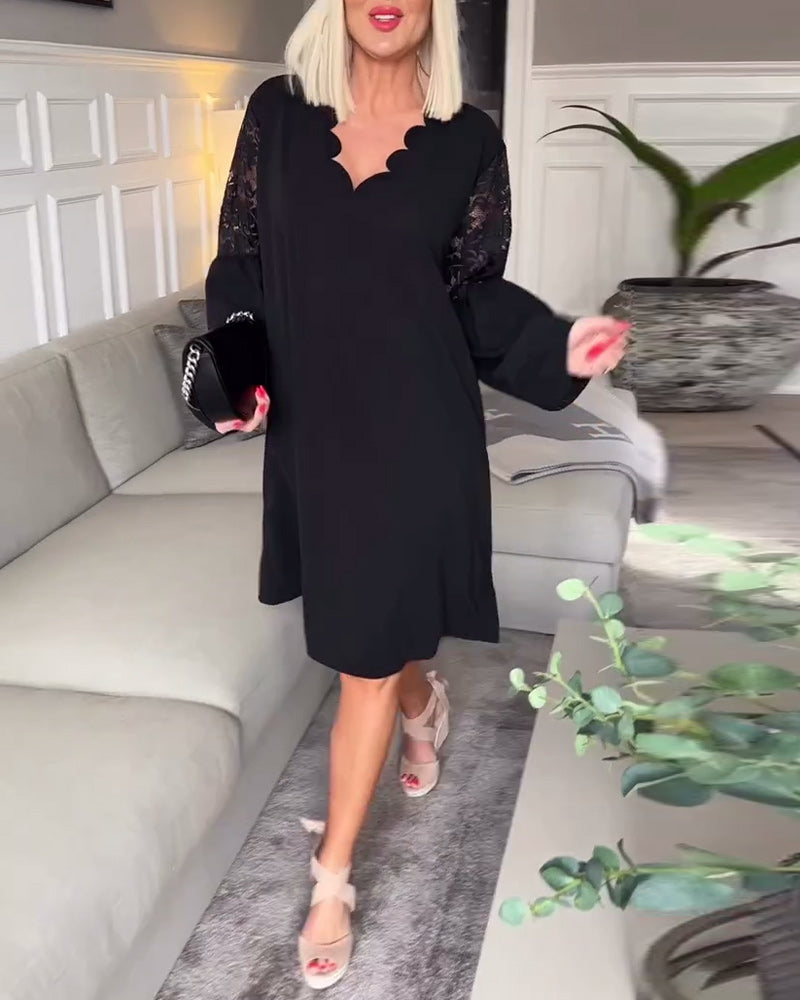 Elegant V-neck lace hollow long sleeve dress