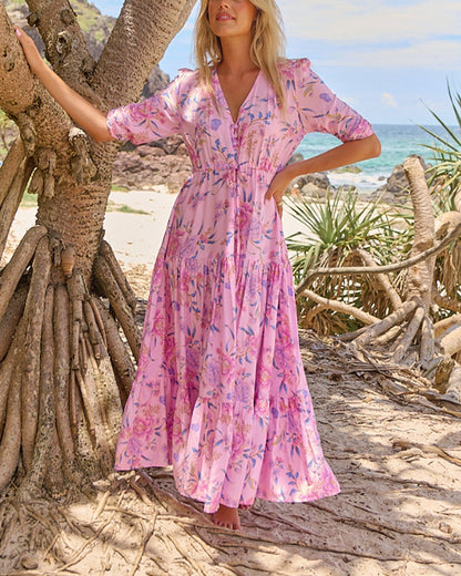 V-Neck Floral Short-Sleeved Dress