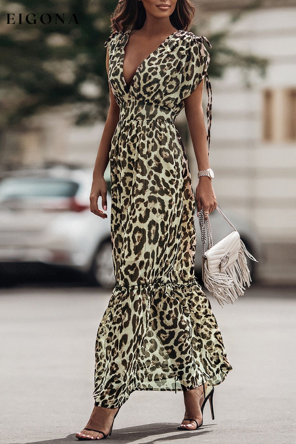 Leopard Print Drawstring V Neck High Waist Long Dress Leopard 100%Polyester clothes DL Exclusive dress dresses maxi dress Print All Over Print Leopard Season Summer