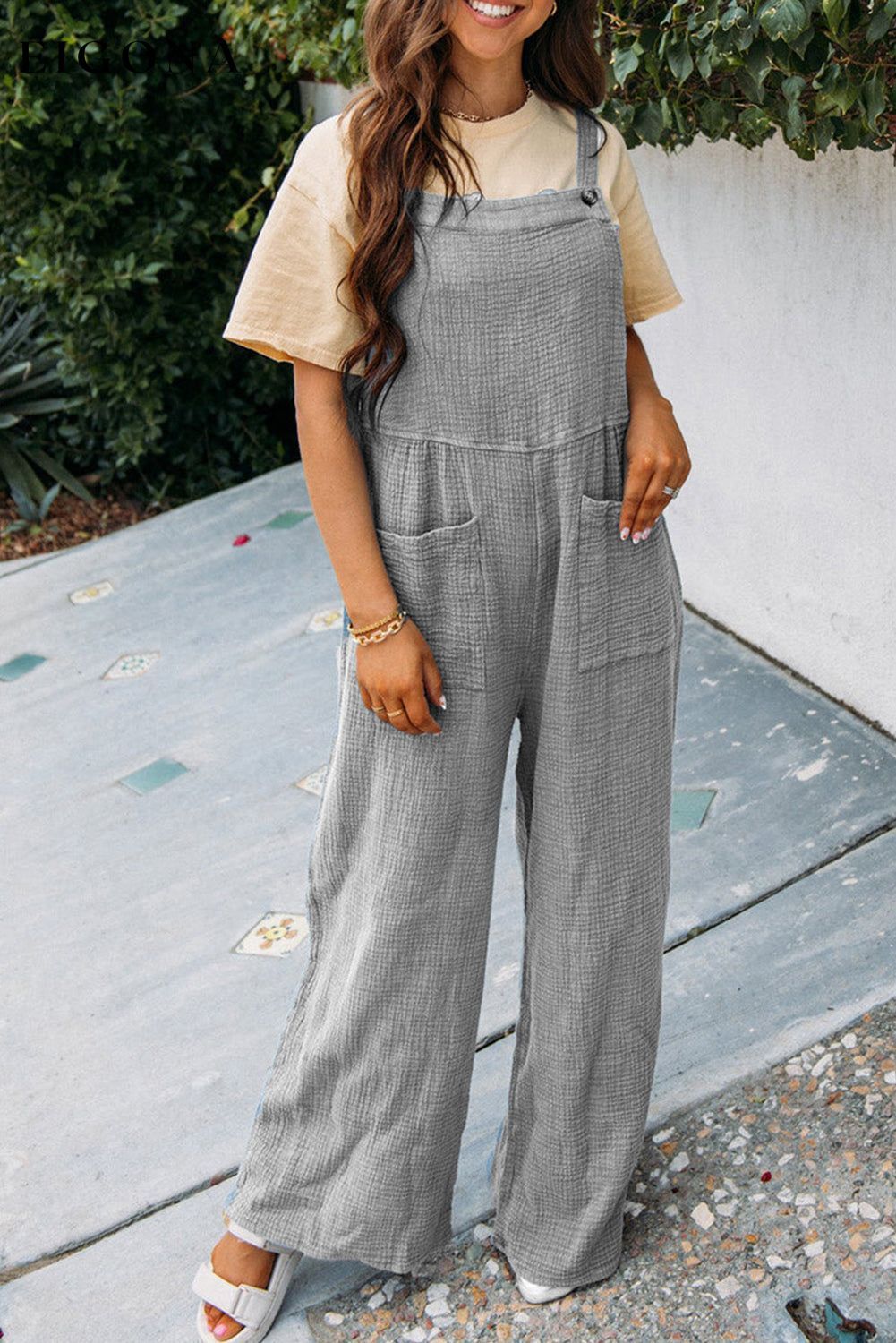 Gray Textured Wide Leg Overall with Pockets All In Stock clothes Early Fall Collection Fabric Linen lounge wear loungewear Occasion Daily pantsv Print Solid Color Season Summer Silhouette Wide Leg Style Casual wide leg overall