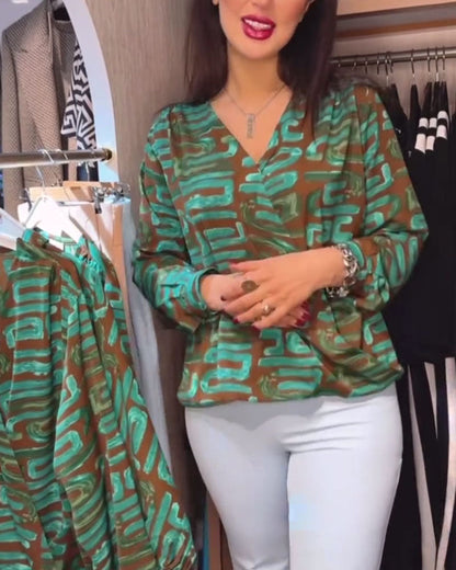 V-Neck Vintage Geometric Print Blouse