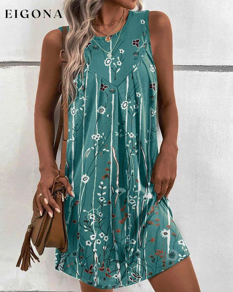 Round neck floral print tank dress Cyan 23BF Casual Dresses Clothes Cotton and Linen Dresses Summer