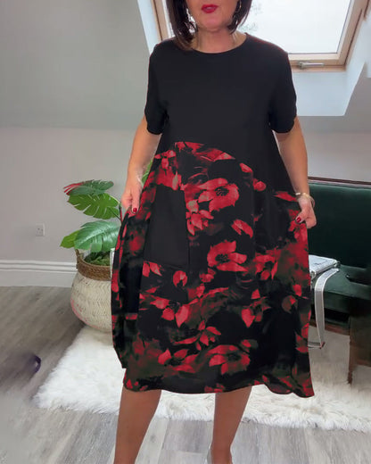 Casual round neck floral print patchwork dress