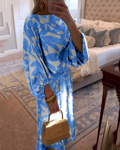 Completo abito casual con maniche a lanterna stampate e temperamento