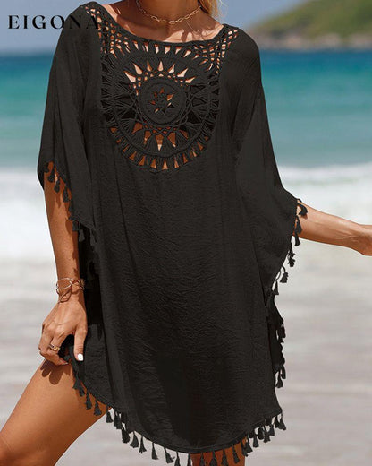 Beach Cover up with Tassels Black One size fits all 23BF Clothes Cover-Ups Spring Summer Swimwear