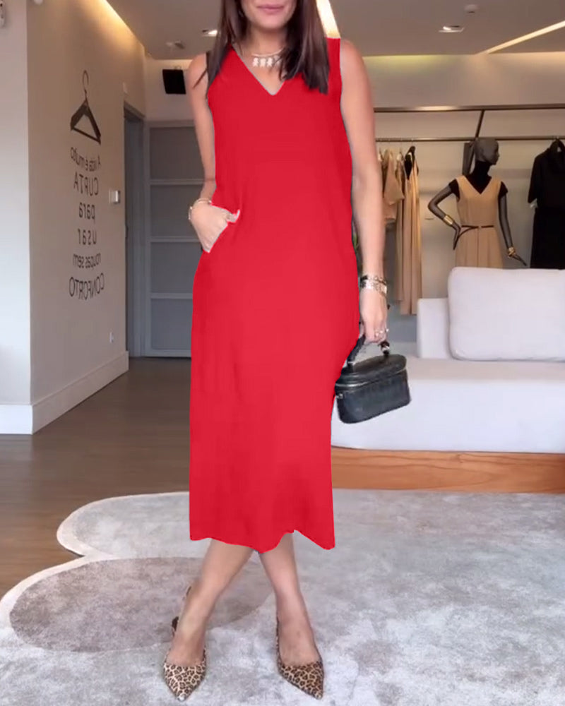 Casual V-neck Sleeveless Solid Color Split Dress