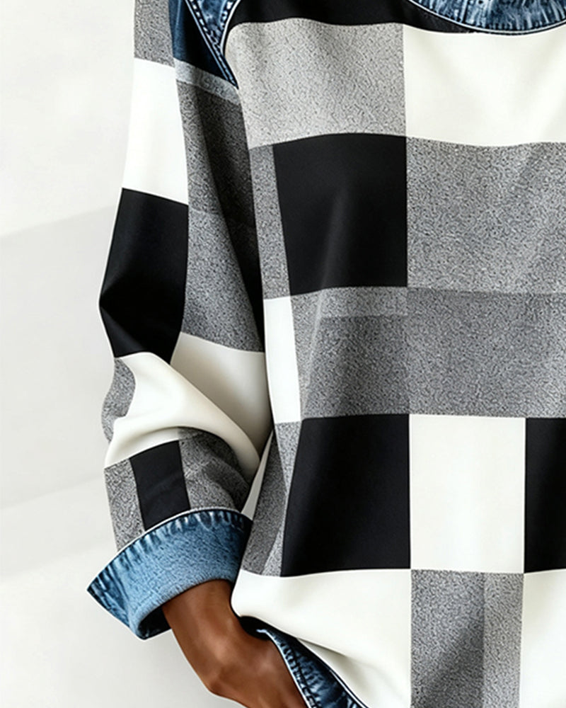 Plaid Patchwork Contrast Color Sweatshirt