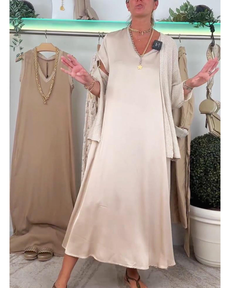 Casual solid color V-neck pocket dress