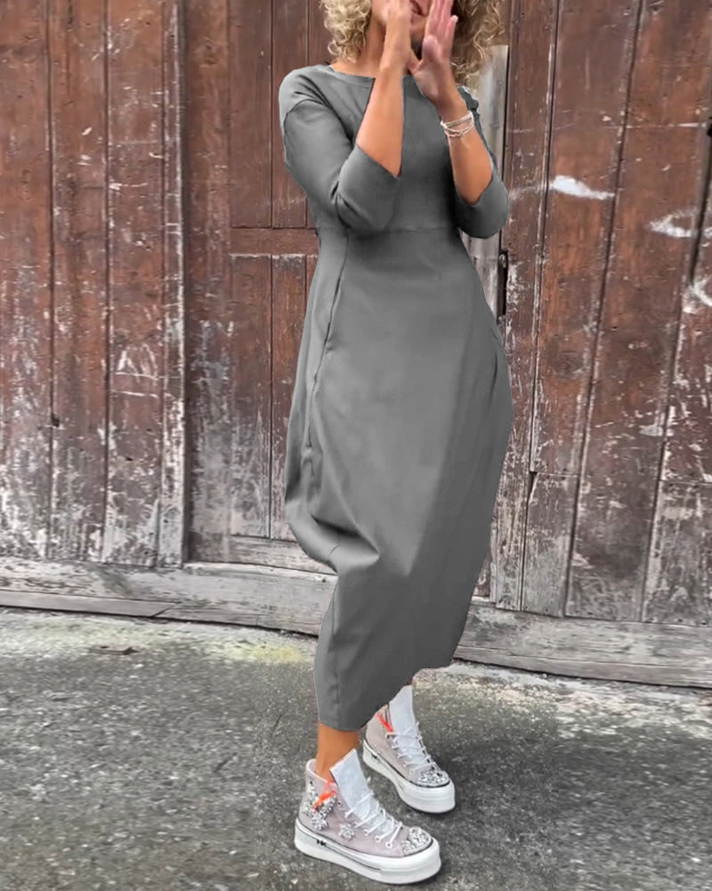 Abito elegante semplice a maniche lunghe con tasca in tinta unita