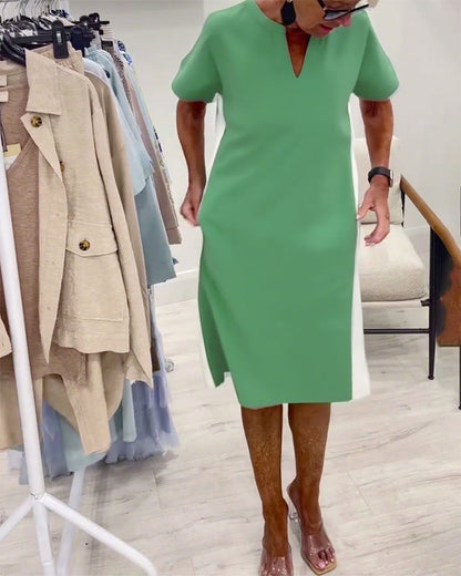 Short-Sleeved Contrast Color Straight Dress