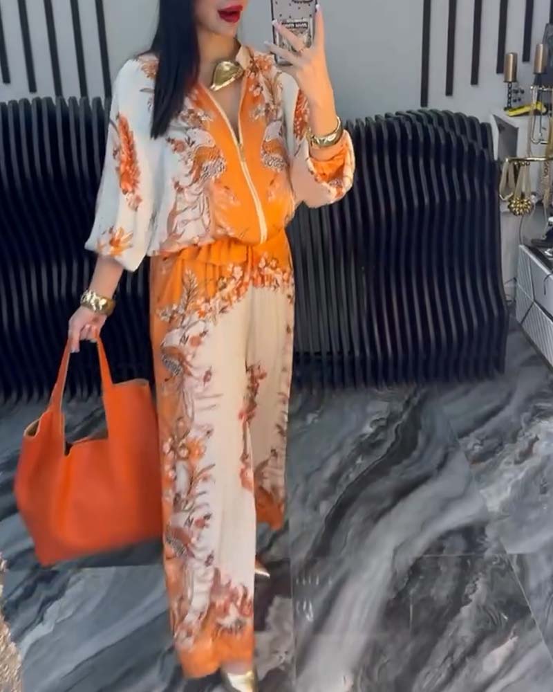 Temperament Stand Collar Zipper Wide Leg Suit