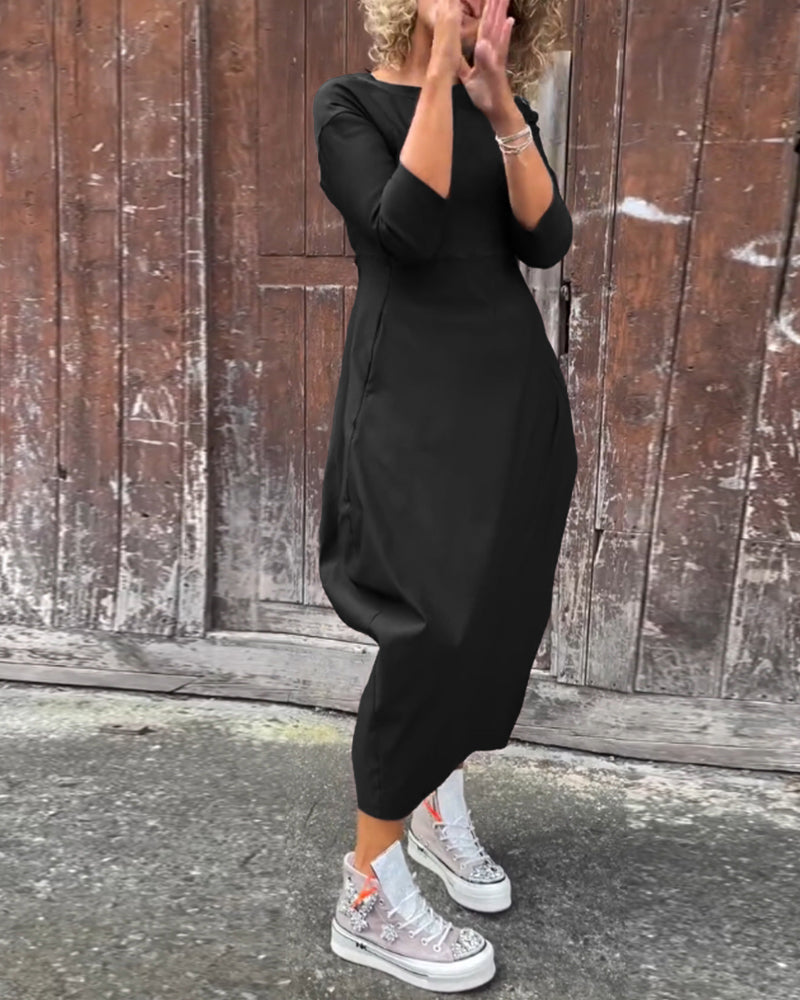 Abito elegante semplice a maniche lunghe con tasca in tinta unita