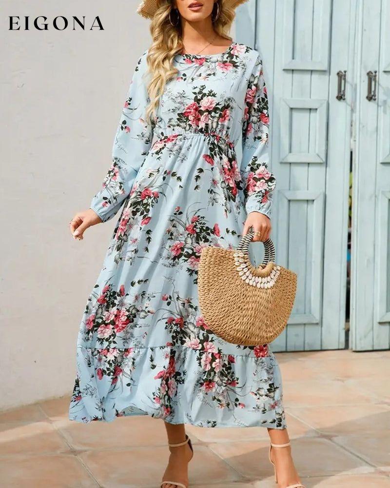 Elegant floral print round neck dress Sky blue 23BF Casual Dresses Clothes Dresses Spring Summer